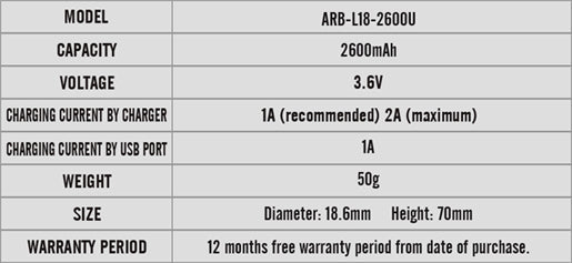 Fenix ARB-L18-2600U USB Rechargeable Li-ion 18650 Battery