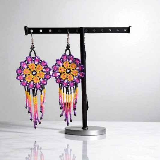 Yellow Purple Flower beaded Earrings