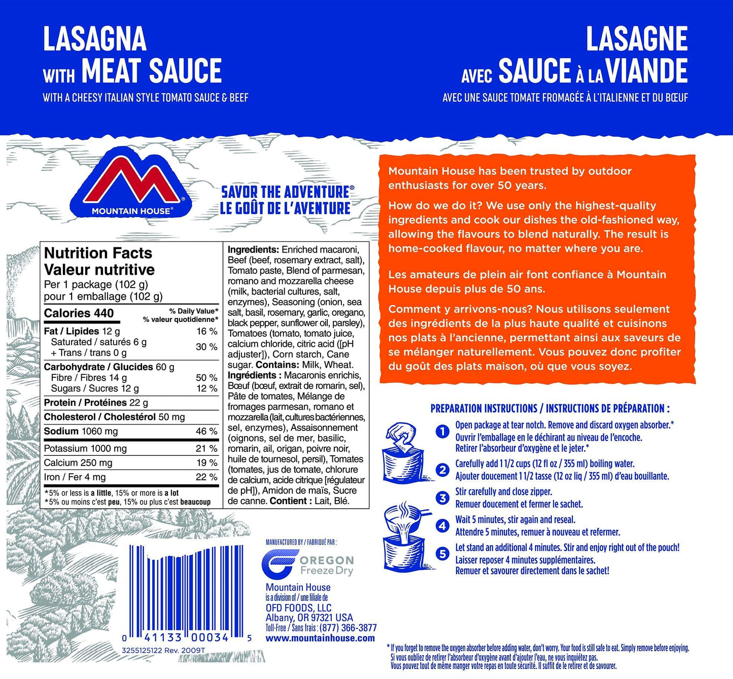 Mountain House Lasagna with Meat Sauce Pouch| Freeze Dried Backpacking & Camping Food | Survival & Emergency Food | Entree Meal | Easy to Prepare | Delicious and Nutritious | Single Pouch 🍁 All In One Marketplace Canada