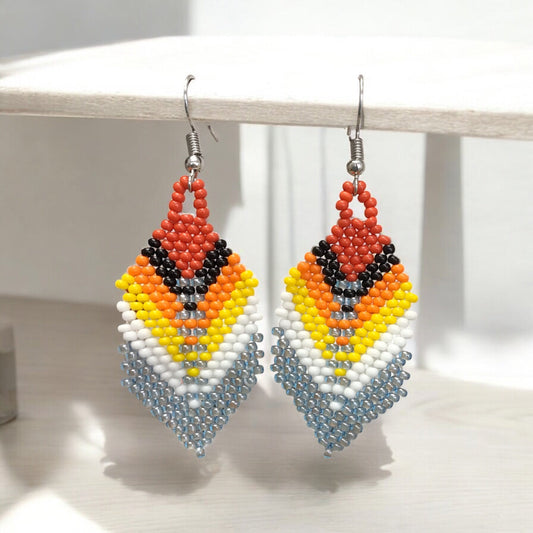 OldTribes™ grey Beaded Feather Drop Earrings