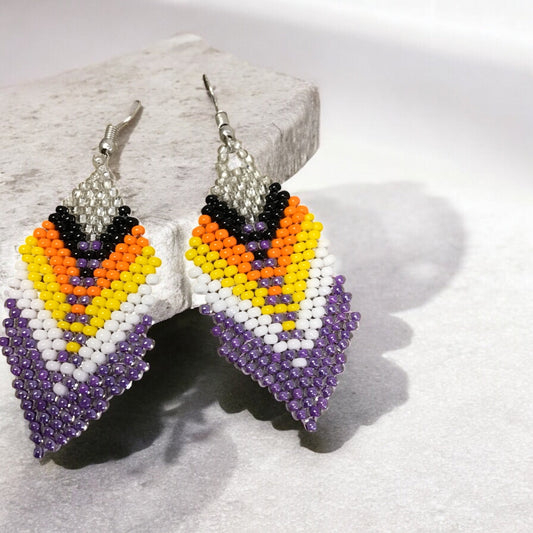 OldTribes™ purple and silver Beaded Feather Drop Earrings
