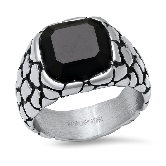Men’s Stainless Steel Pebble Texture Signet Biker Ring