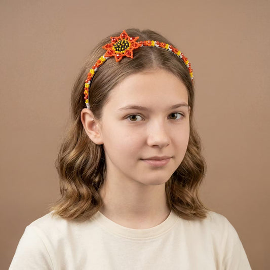 Beaded Headband with Flower Red