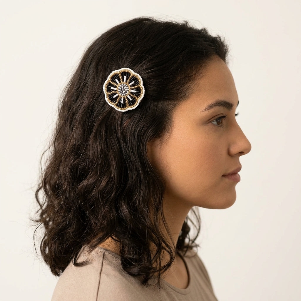 Golden Beaded Flower Barrette