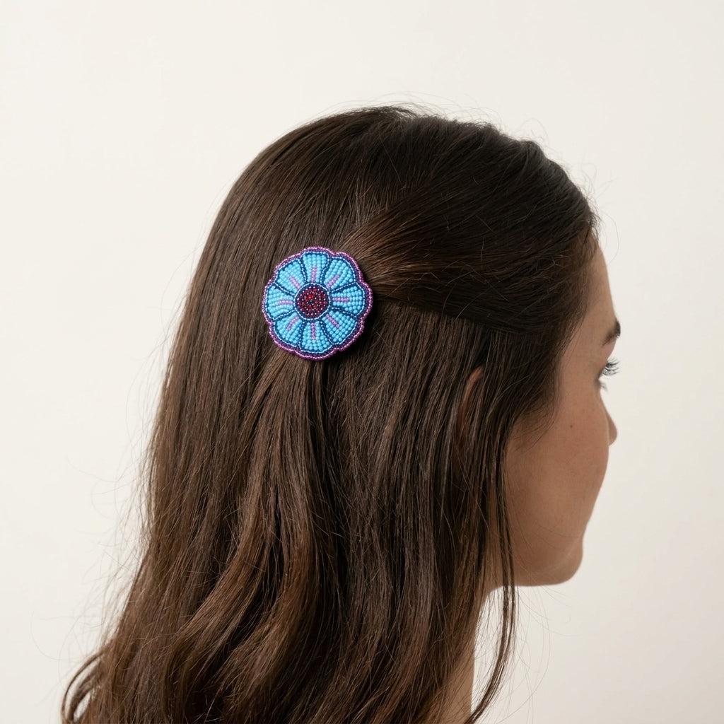 Blue Beaded Flower Barrette