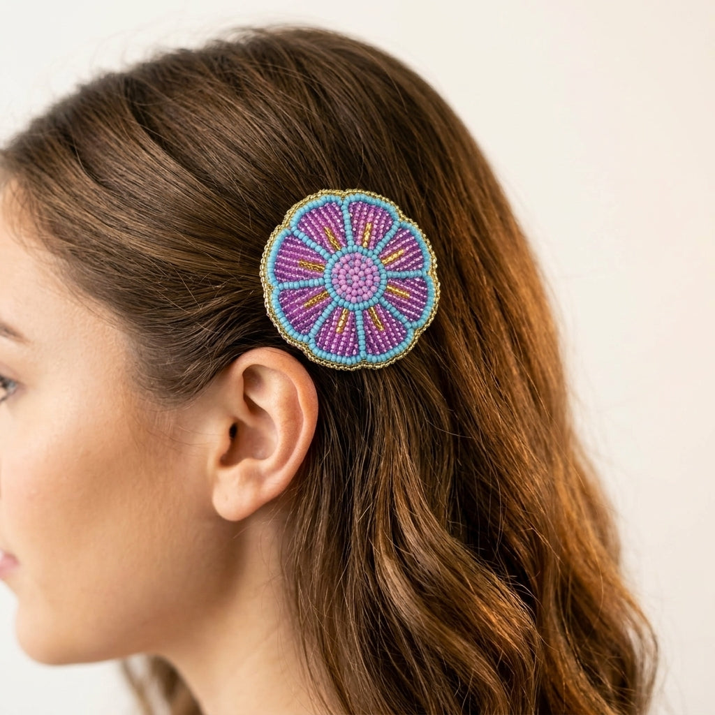 Pink/Purple Beaded Flower Barrette