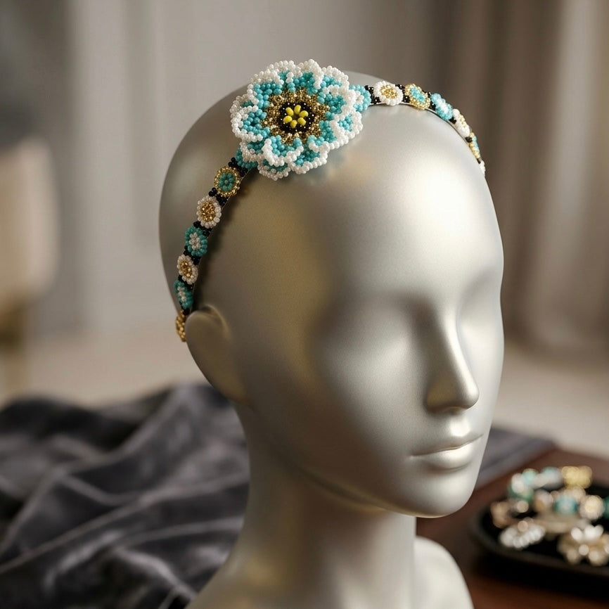 Beaded Headband with Flower Turquoise