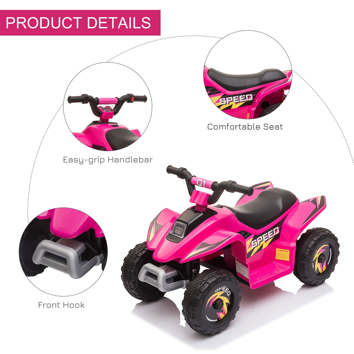 Kids Ride on ATV, 6V Battery Powered Quad Car with Forward, Reverse Switch, for Boys Girls 18-36 Months, Black