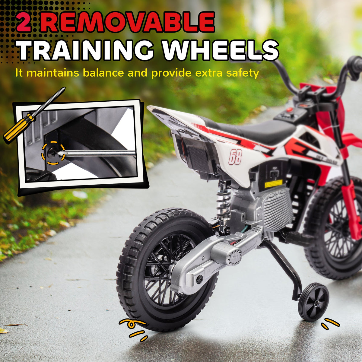 12V Kids Dirt Bike, Electric Motorcycle with Twist Grip Throttle, Training Wheels, Rear Suspension & Music, Blue