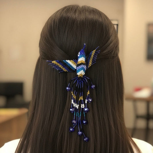 Dark blue white black Hummingbird Barrette with Fringes