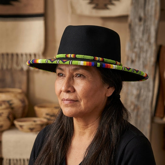 Size-57 Beaded Flat-Brim Felt Hat(BLACK)