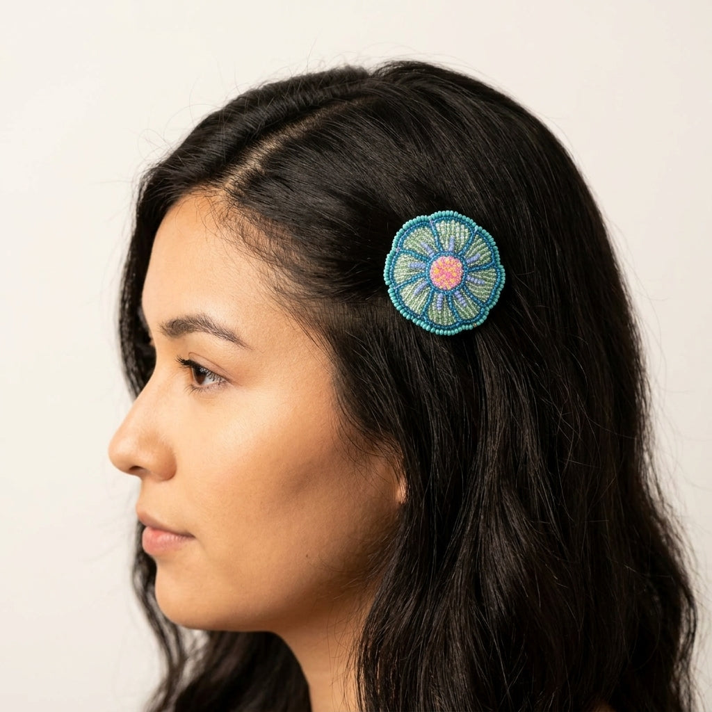 Turquoise Beaded Flower Barrette