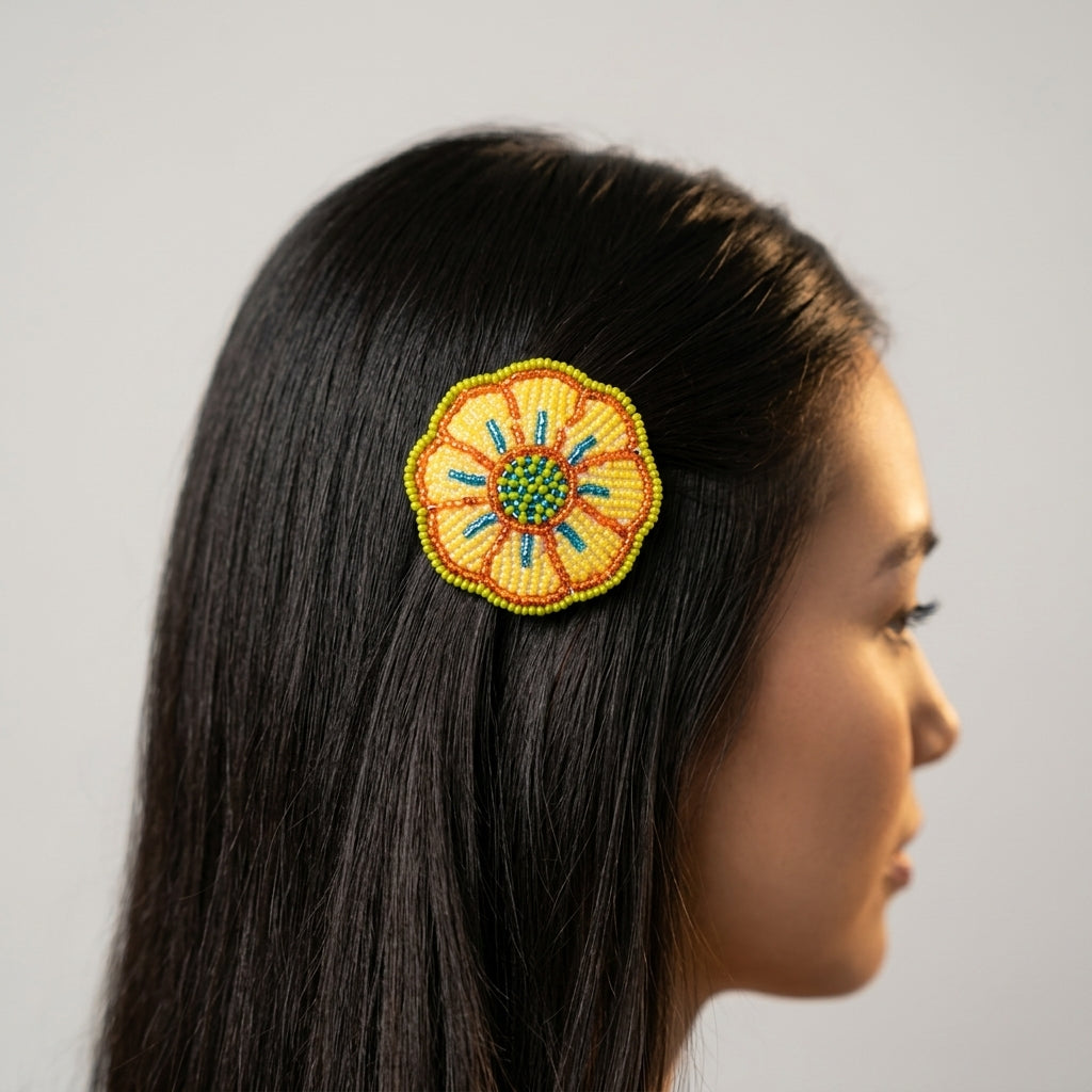 Yellow Beaded Flower Barrette