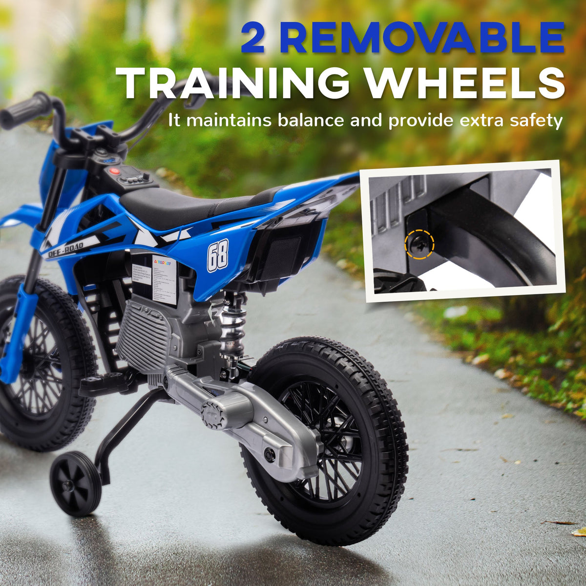 12V Kids Dirt Bike, Electric Motorcycle with Twist Grip Throttle, Training Wheels, Rear Suspension & Music, Blue