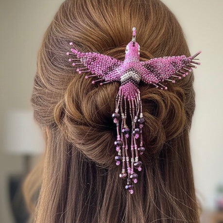 Pink and grey Hummingbird Barrette with Fringes