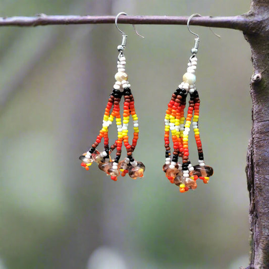 Beige Six-Strand Beaded Cascade Earrings