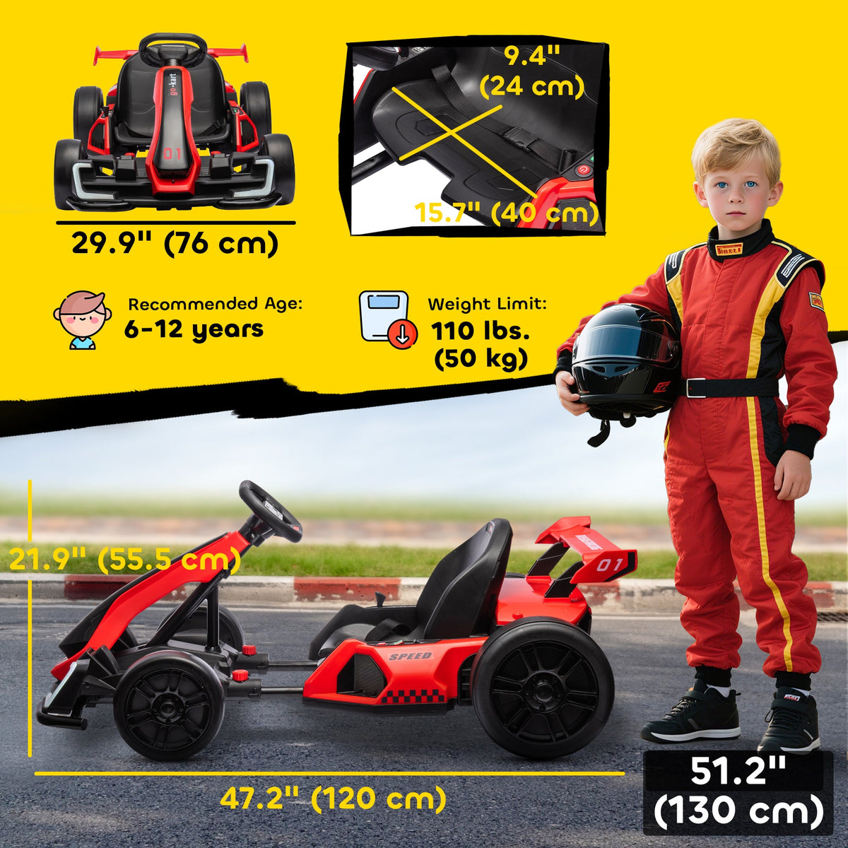 24V Electric Go Kart, Battery Powered Kids Drift Kart with Adjustable Seat, Seat Belt, Horn, Music, Light, Red