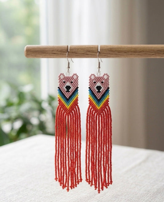 Pink - Red Native Bear Beaded Earrings