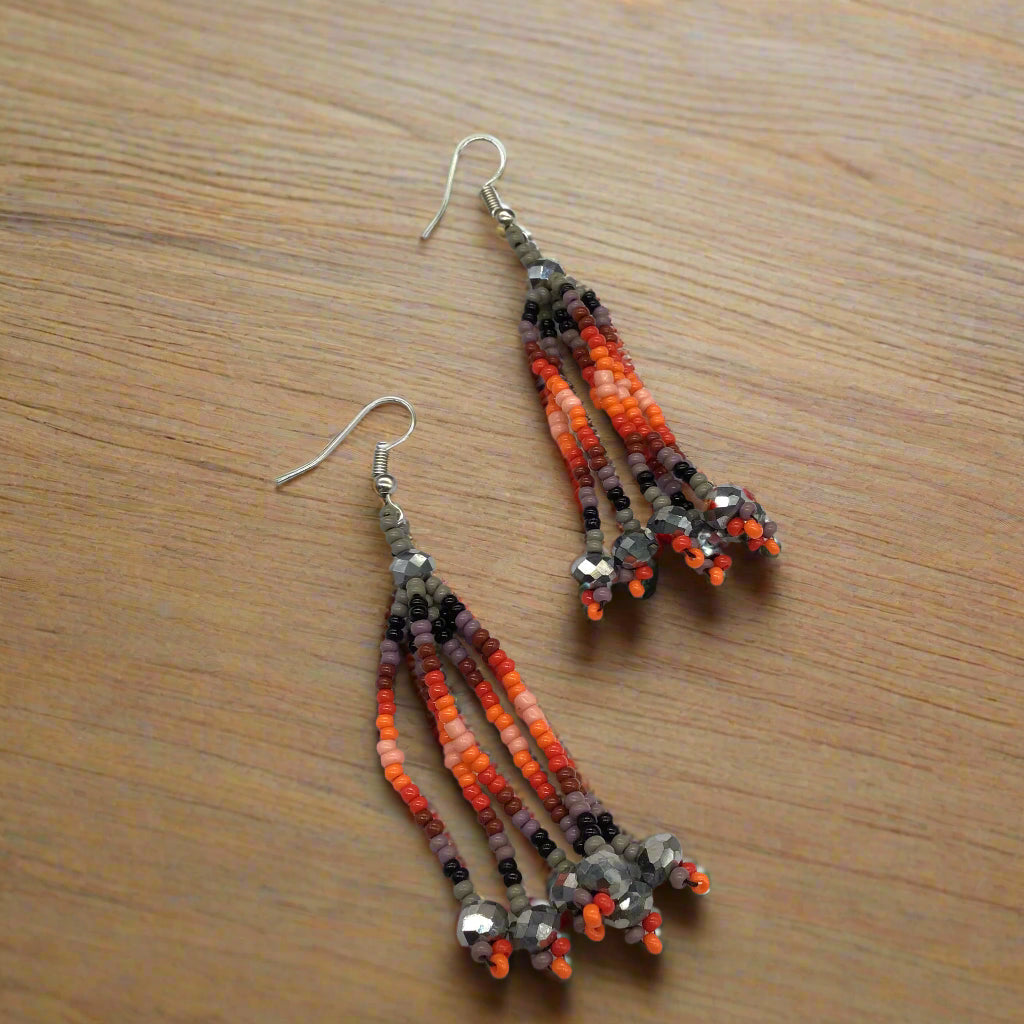 Grey Six-Strand Beaded Cascade Earrings