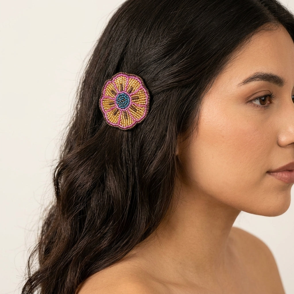 Golden Beaded Flower Barrette