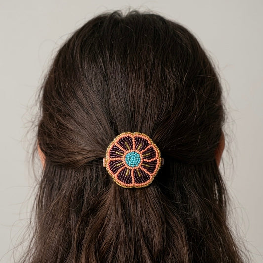 Dark Purple Beaded Flower Barrette