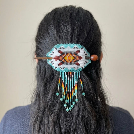 Fringed Beaded Barrette & Wooden Stick Turtle
