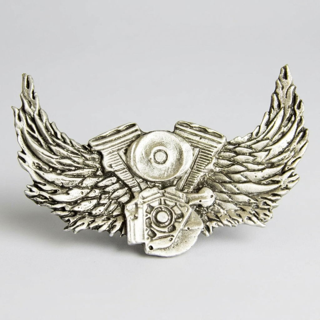 Engine With Wings Pewter Pin | Motorcycle Lapel Pin