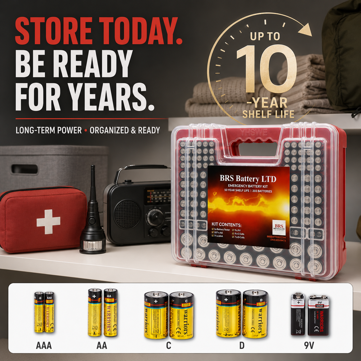 BRS Emergency Battery Kit: 203 Alkaline Batteries + Tester
