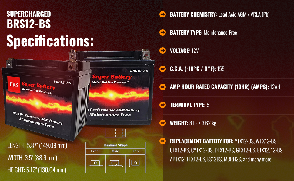 Super Charged BRS12-BS 12v Sealed AGM PowerSport 2 Year Warranty