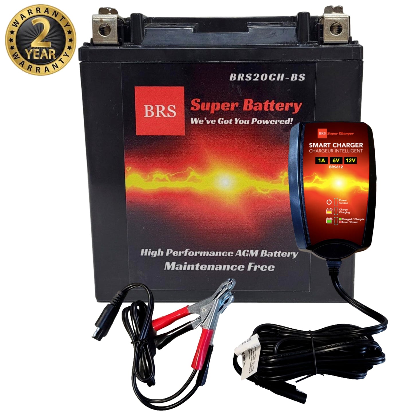 High Performance BRS20CH-BS 2 Year Warranty & Smart Charger / Maintainer Combo Bundle Kit 12v Sealed AGM PowerSports Battery