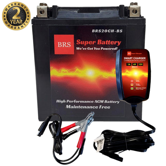 High Performance BRS20CH-BS 2 Year Warranty & Smart Charger / Maintainer Combo Bundle Kit 12v Sealed AGM PowerSports Battery
