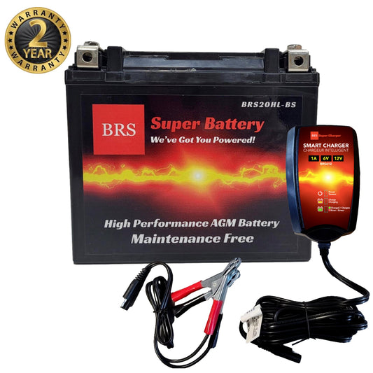 High Performance BRS20HL-BS 2 Year Warranty & Smart Charger / Maintainer Combo Bundle Kit 12v Sealed AGM PowerSports Battery