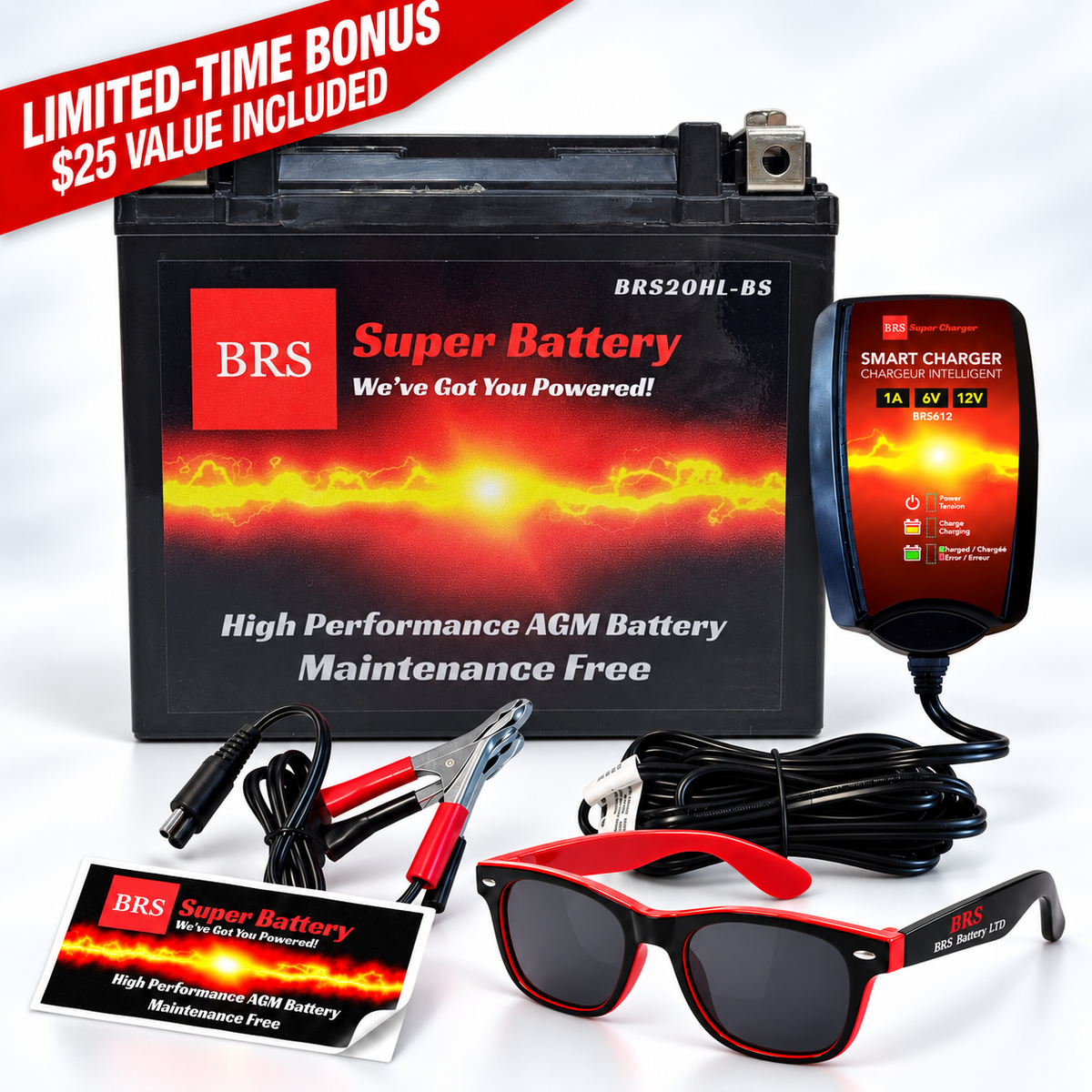 BRS20HL-BS 30 Day Warranty Battery & Smart Charger / Maintainer Combo Bundle Kit