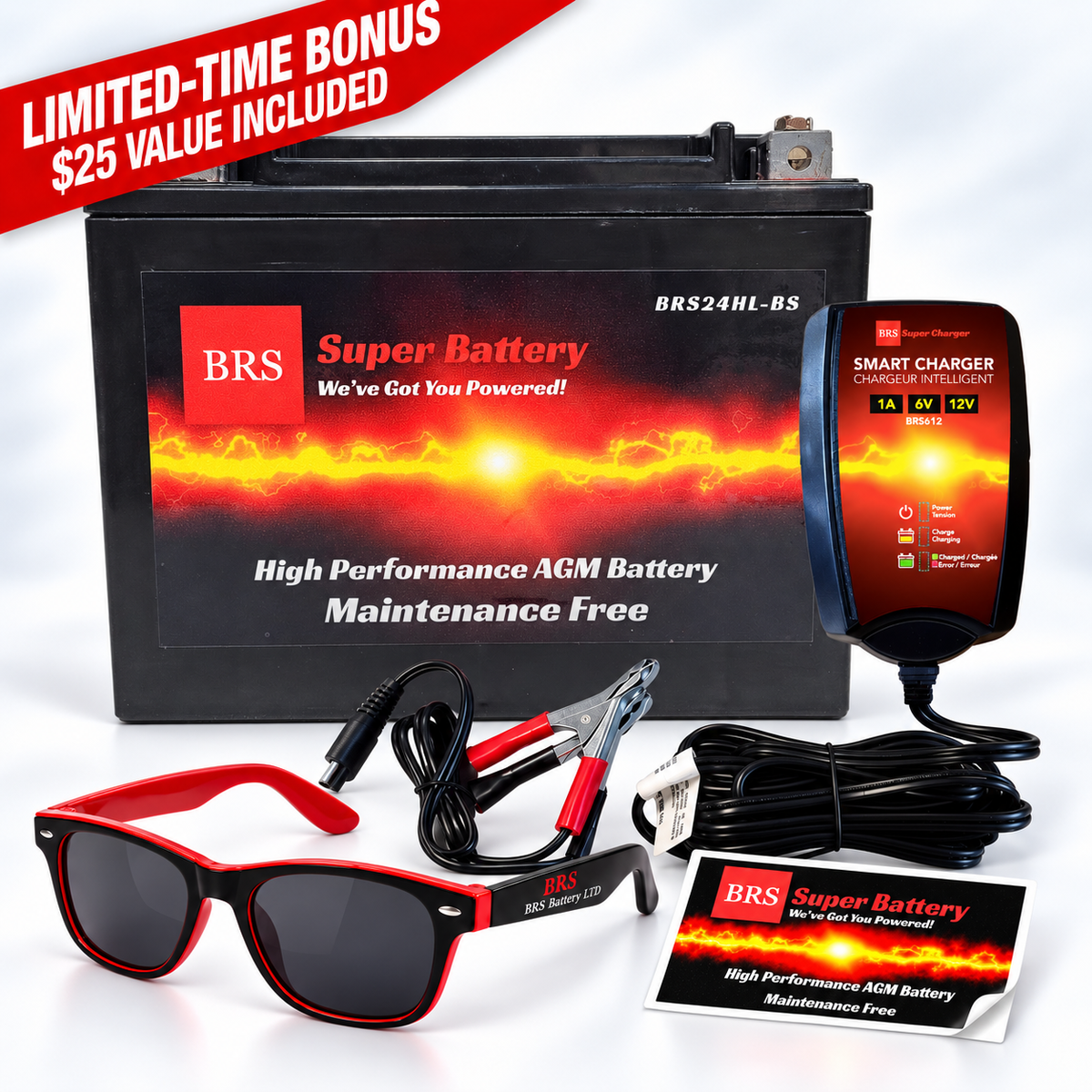 BRS24HL-BS 30 Day Warranty Battery & Smart Charger / Maintainer Combo Bundle Kit