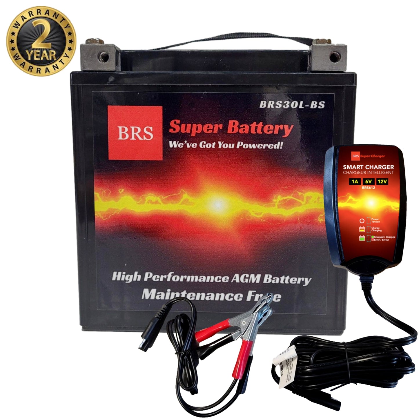 High Performance BRS30L-BS 2 Year Warranty & Smart Charger / Maintainer Combo Bundle Kit  12v Sealed AGM PowerSports Battery