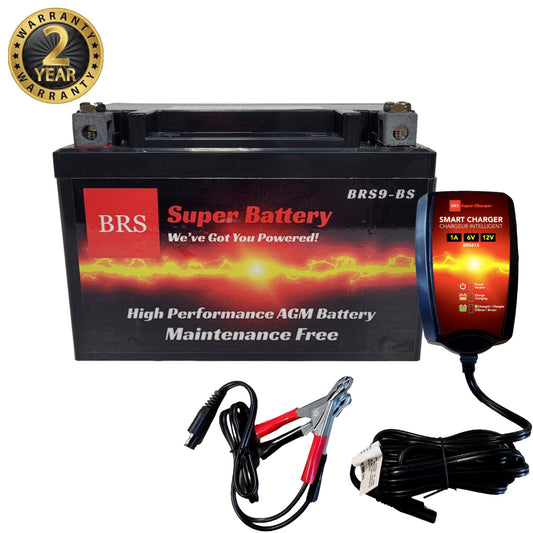 High Performance BRS9-BS 2 Year Warranty & Smart Charger / Maintainer Combo Bundle Kit 12v Sealed AGM PowerSports Battery