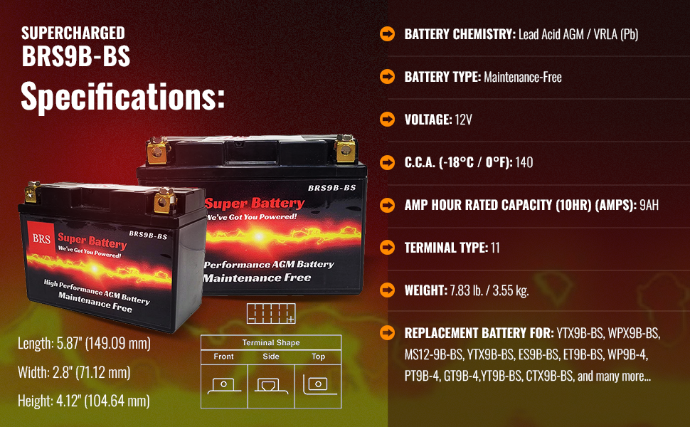 BRS9B-BS 12v 9AH 140CCA 30 Day Warranty