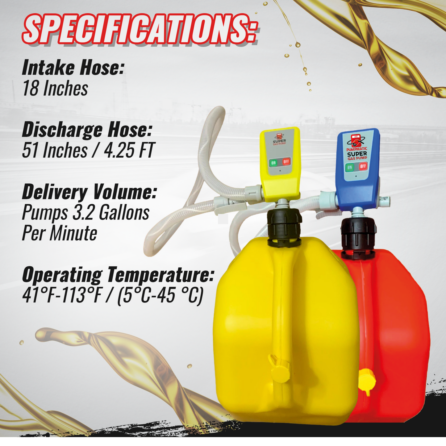 Diesel PumpMatic Super Gas Pump + Diesel Fuel Can Combo Kit Fuel Transfer Pump for Diesel, etc. 3 Power Sources w/ 4.25ft Hose
