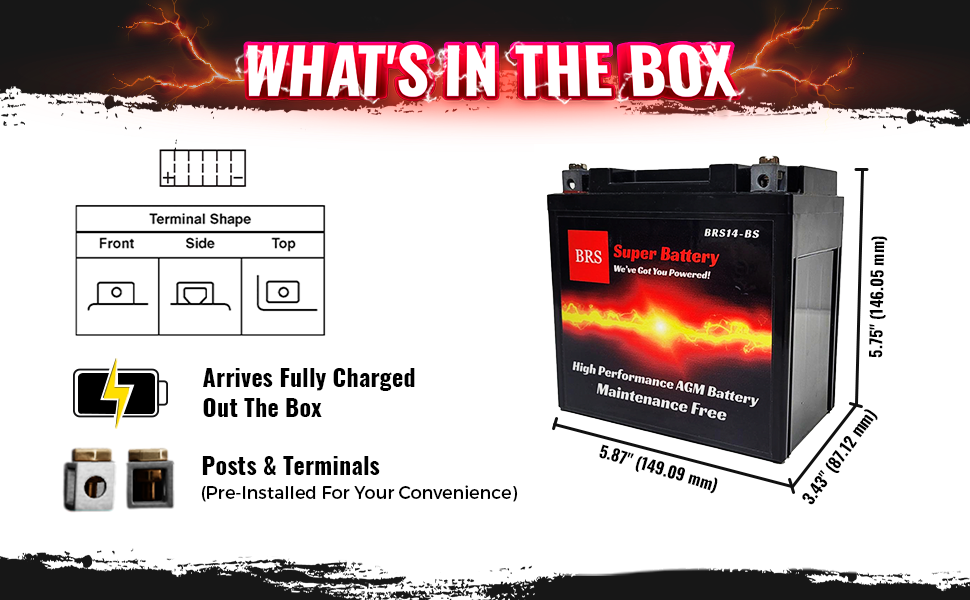 High Performance BRS14-BS 12v Sealed AGM PowerSport 2 Year Warranty
