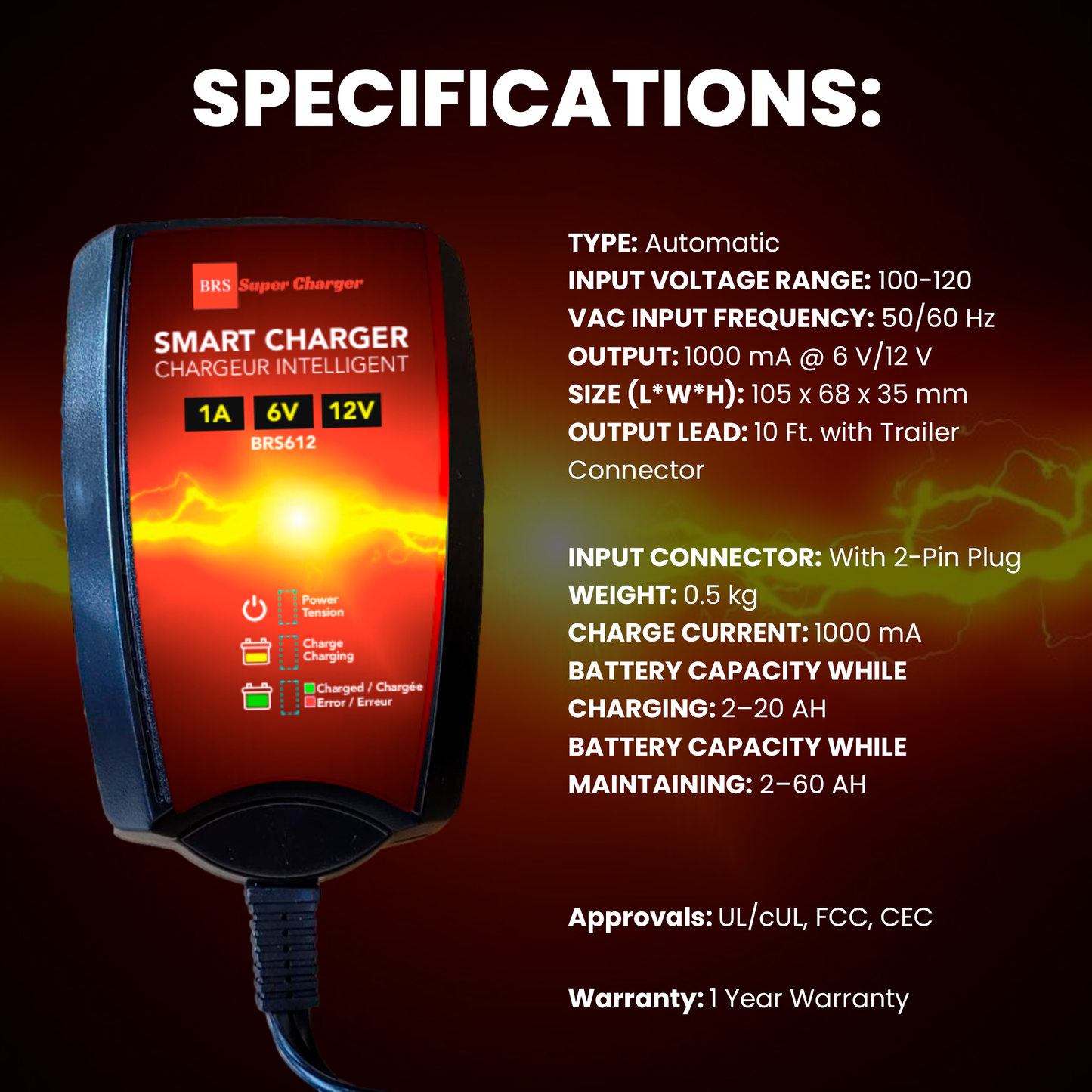 BRS Super Charger BRS612 - 6V/12V Trickle Charger - Battery Maintainer & Rejuvenator