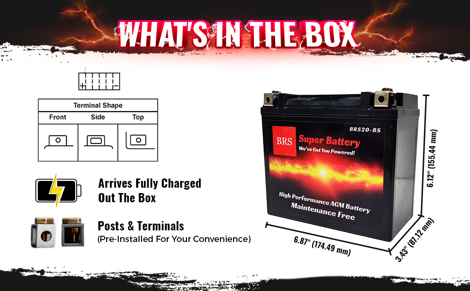 High Performance BRS20-BS 12v Sealed AGM PowerSport 2 Year Warranty