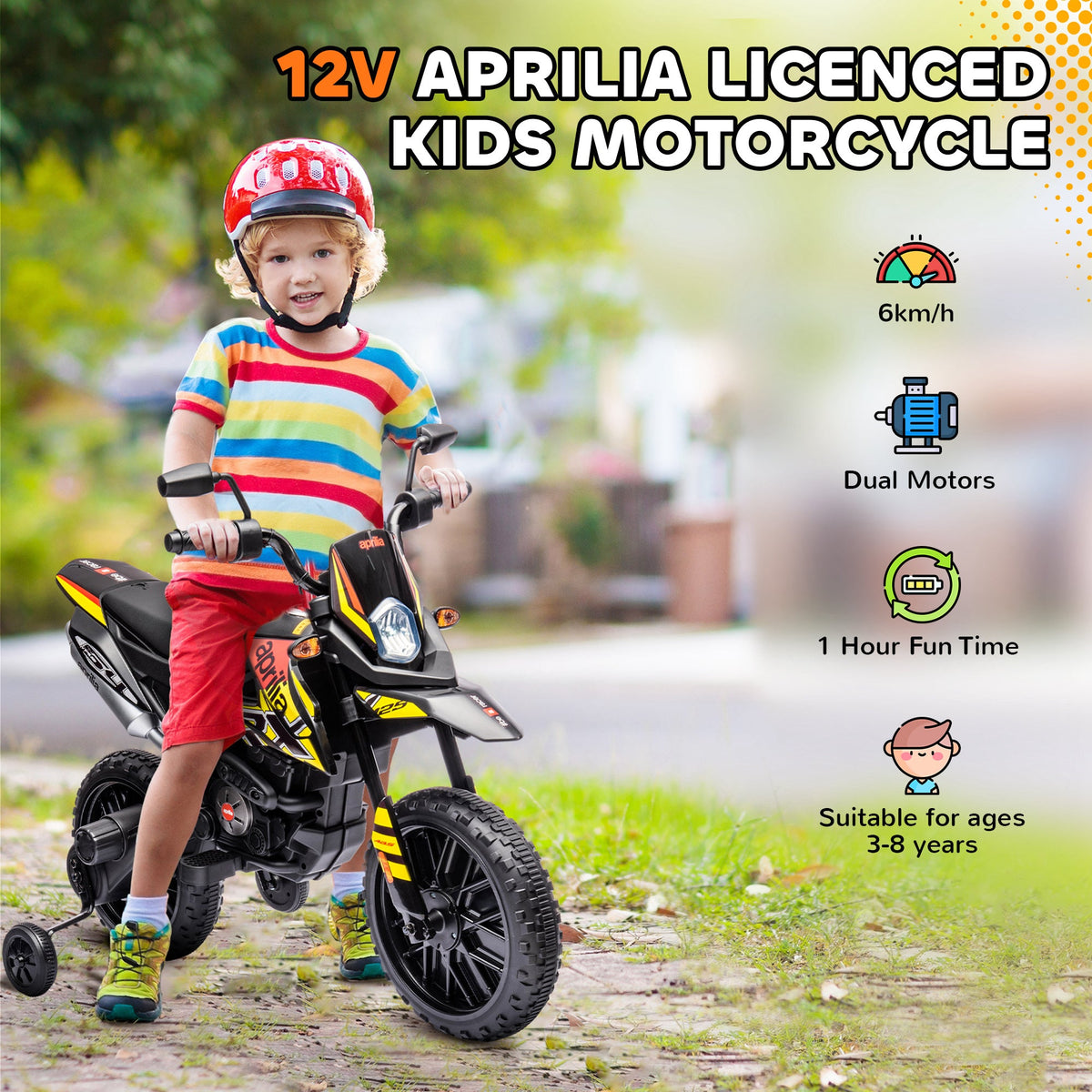 12V Aprilia Licenced Kids Electric Motorcycle, Battery-Powered Dirt Bike with Training Wheels for Aged 3-8, Red