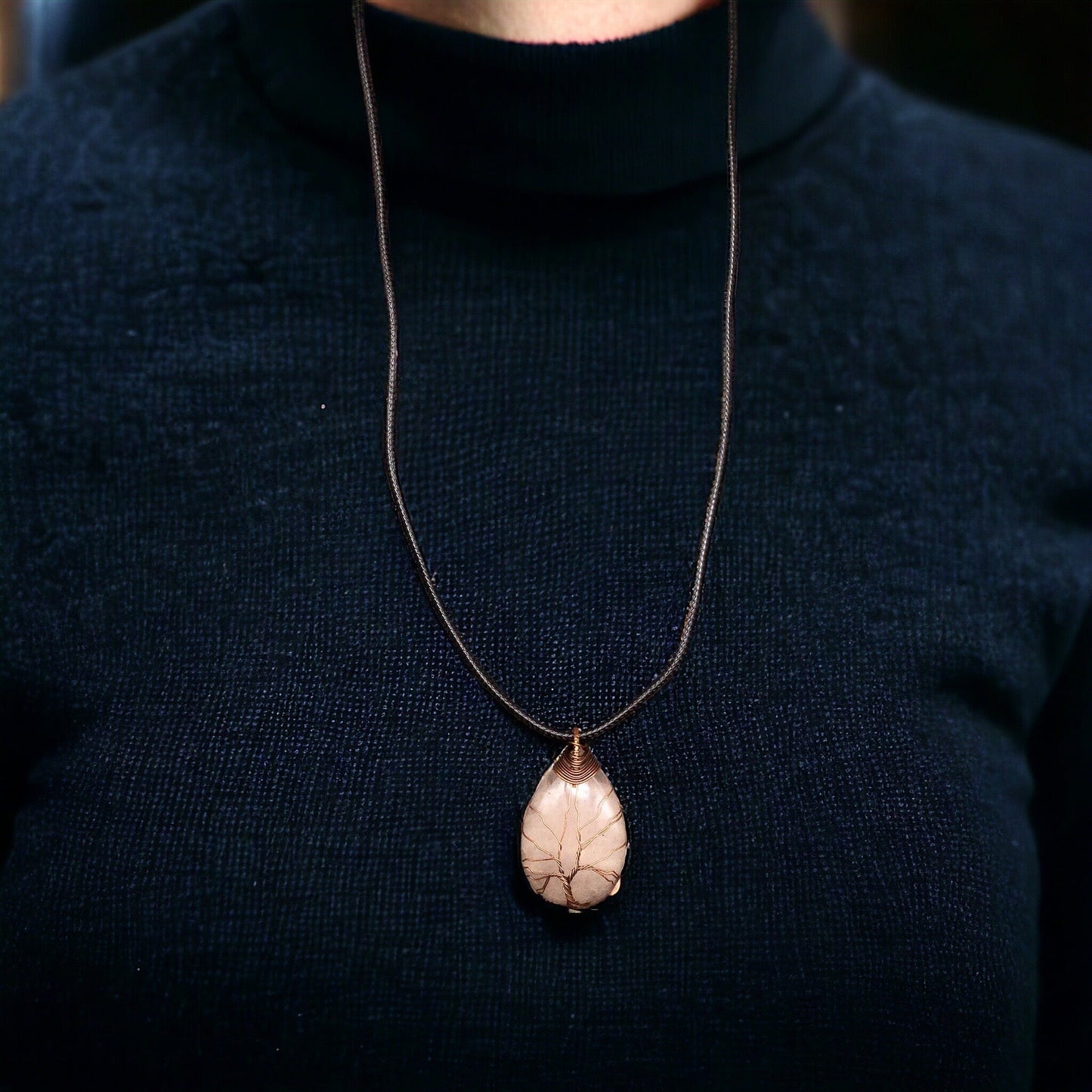 Light pink Gemstone Pendant Wrapped w/  bronze Tree of Life