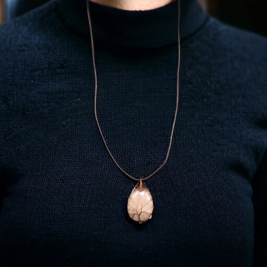 Light pink Gemstone Pendant Wrapped w/  bronze Tree of Life