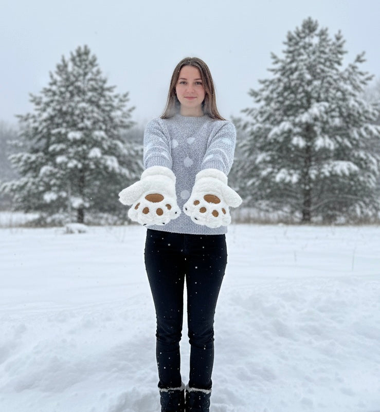 White Soft Plush  Bear Paw Gloves