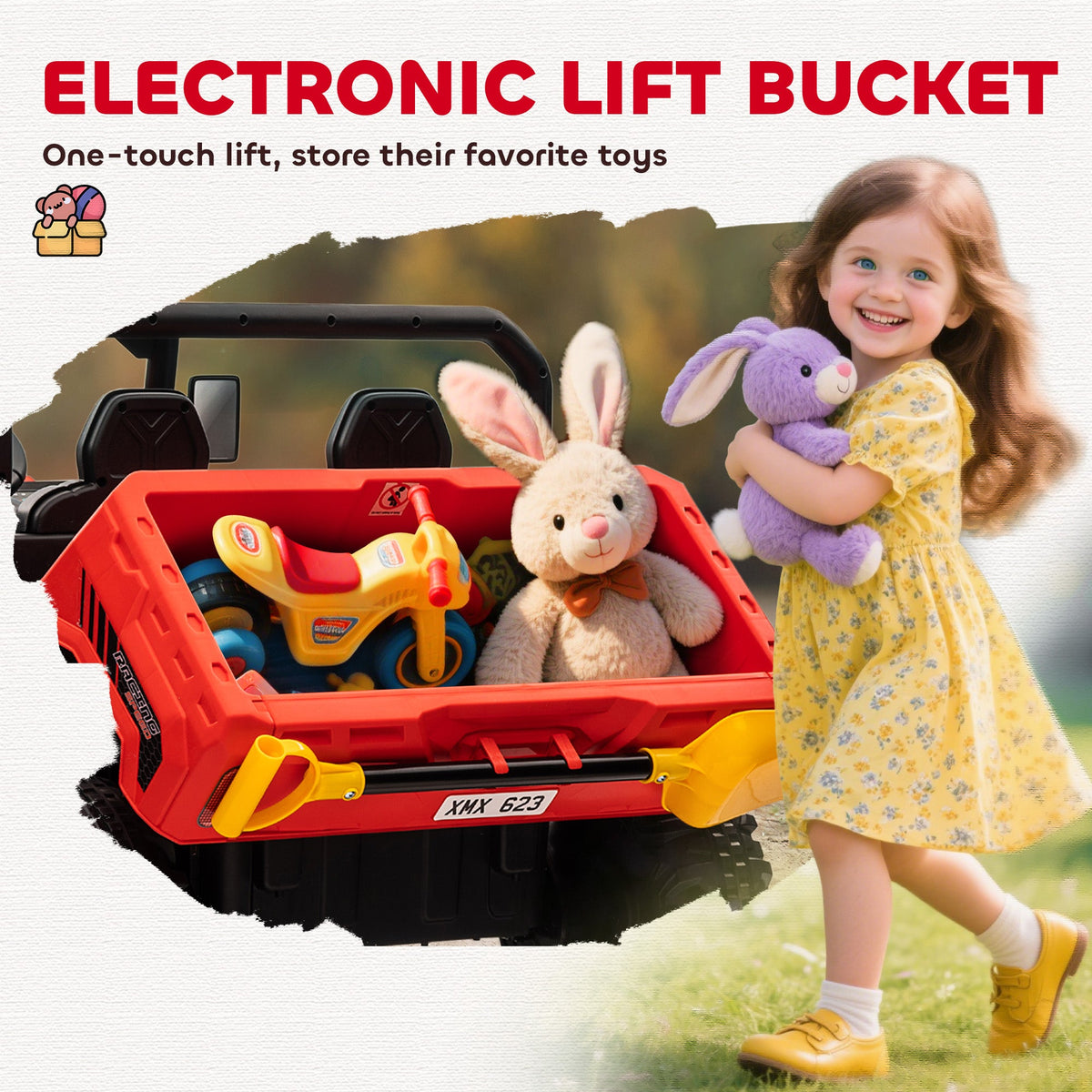 12V Ride on Car with Electric Bucket, Two-Seater, Shovel, Remote Control, Spring Suspension, Horn, Music, Black