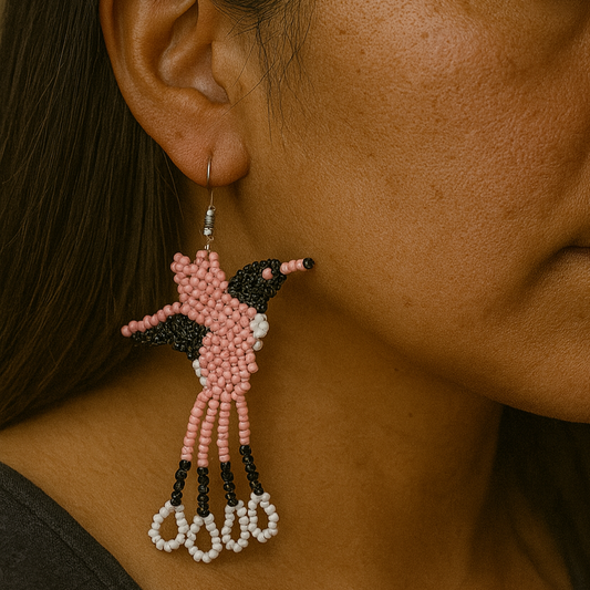 Handmade Beaded Hummingbird Earrings – Pink & Black