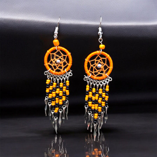 Orange and Black Beaded Dreamcatcher earrings