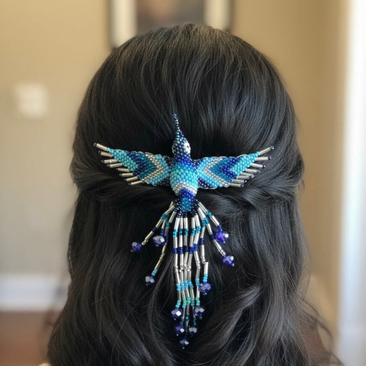 Blue and plate Hummingbird Barrette with Fringes