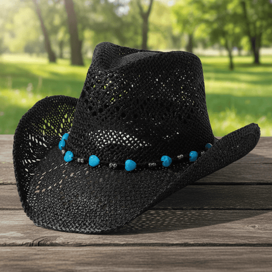 Western Cowboy Hat Unisex With Blue Stone Accessories - Black (CDYWL-2578)